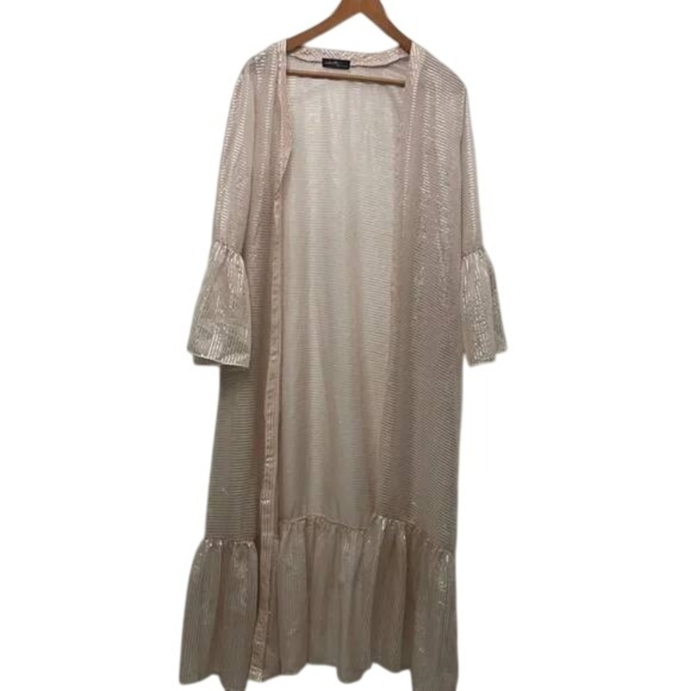 Ontwelfth 1X Sheer Duster Cardigan Bell Sleeve Ruffle Hem Cover Up Beige